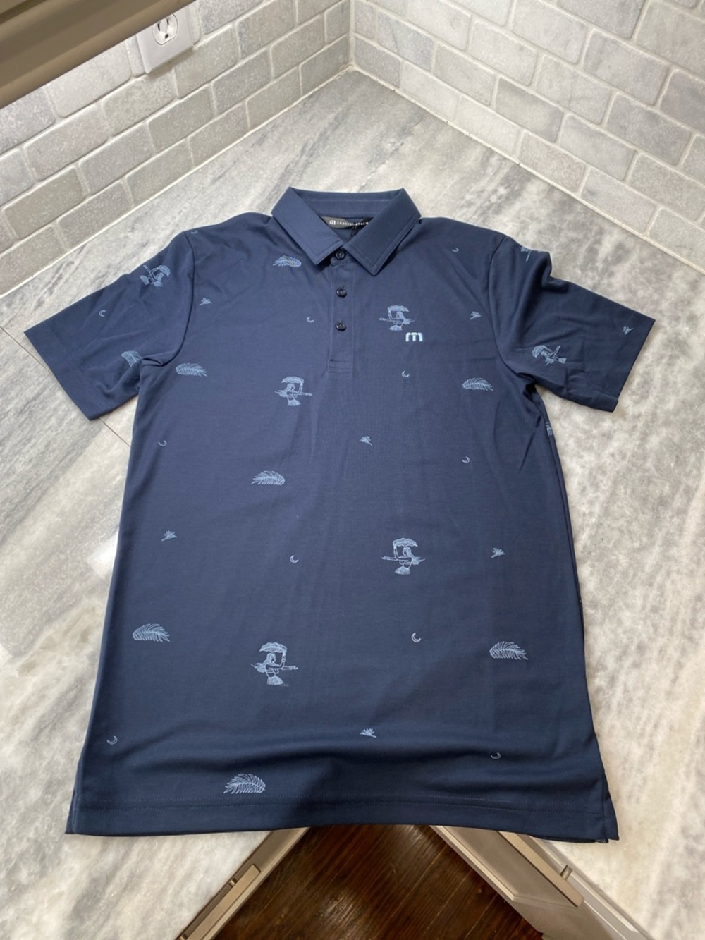 Travis Mathew Navy Polo with Light-Blue Micro Print